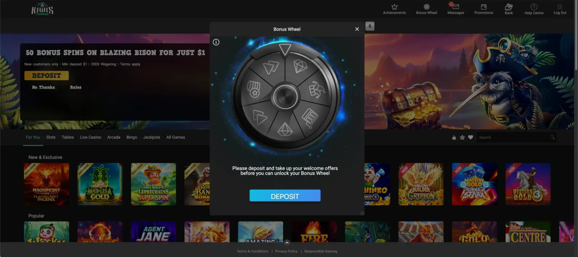 Bonus Wheel and Prize Drops at Kiwi's Treasure Casino